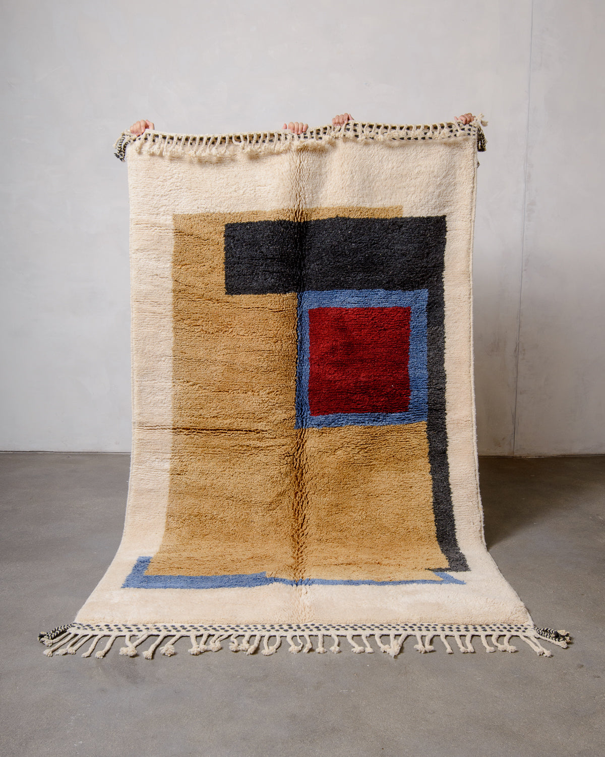 Modern, designer, handcrafted Berber rug from Morocco. Beniourain carpet with beautiful colours and patterns and fluffy wool texture.